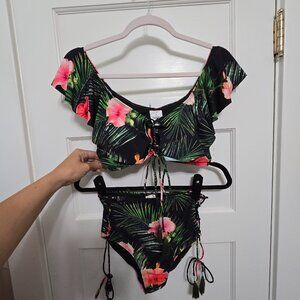 Black Tropical Bikini Set Off the Shoulder Bandeau Top with Lace-up Details S/M